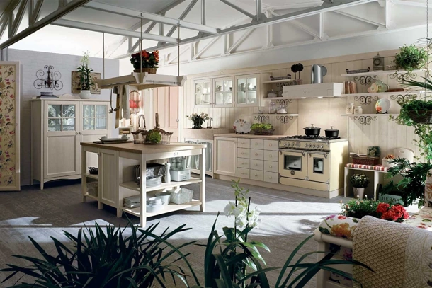Cucina Classica con isola in legno con pensili a vetrina e base a giorno con lavello in marmo Everyday Canapa Talcato di Callesella